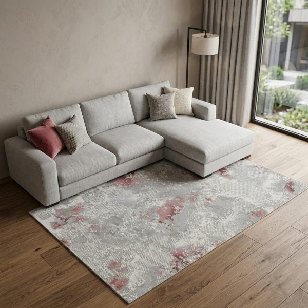 7' X 10' Gray Ivory And Pink Abstract Distressed Area Rug