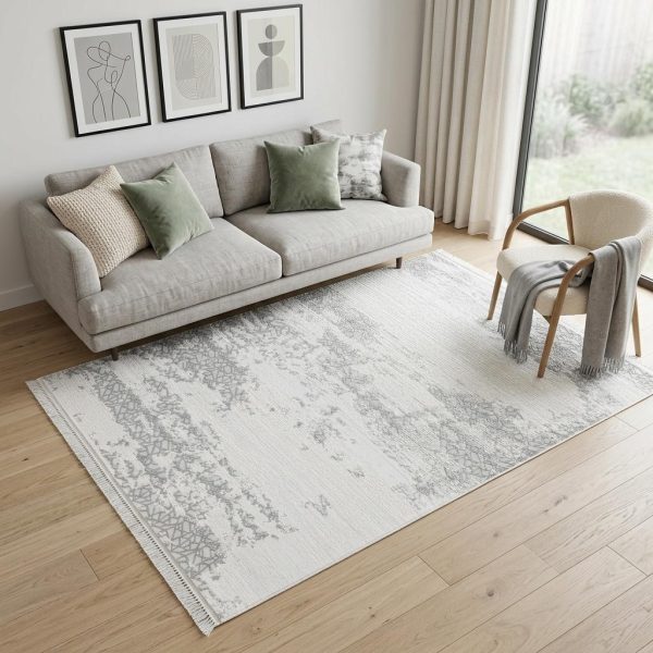 5' X 8' Gray And White Abstract Distressed Area Rug With Fringe