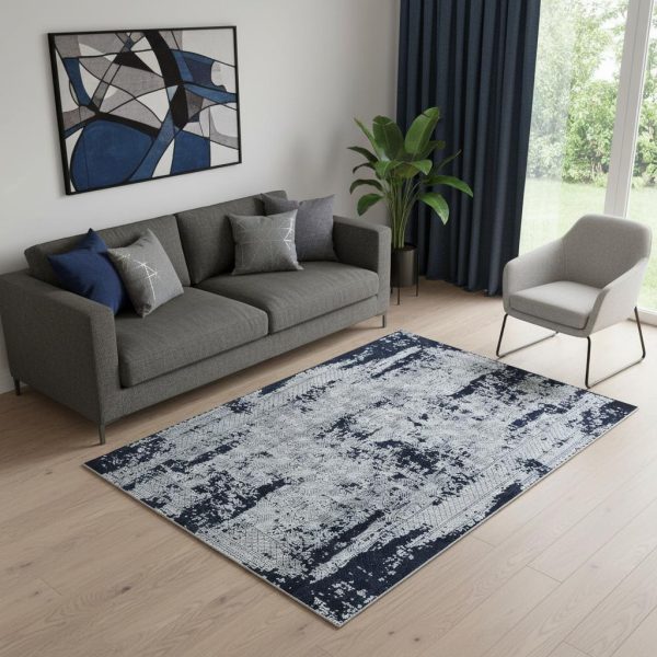 5' X 8' Gray And Navy Blue Abstract Distressed Area Rug With Fringe