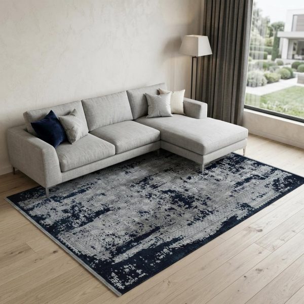 7' X 10' Gray And Navy Blue Abstract Distressed Area Rug With Fringe