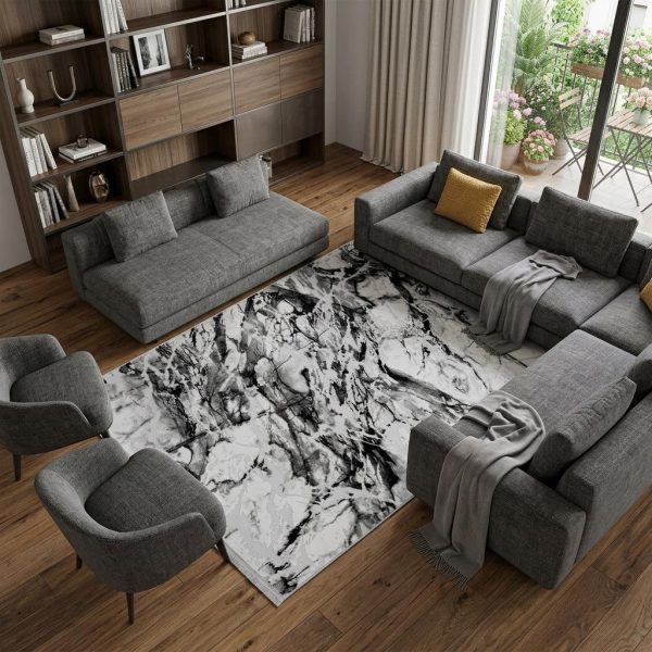 7' X 10' Black And Gray Abstract Area Rug With Fringe