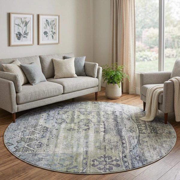 8' Green Blue And Gray Abstract Round Rug
