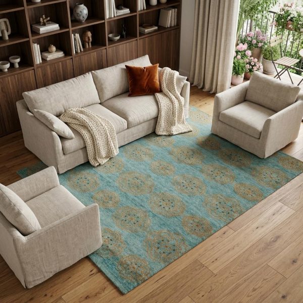 8' X 10' Blue Green And Taupe Floral Hand Knotted Area Rug